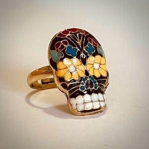 Sugar Skull Goldtone Enamel Day of the Dead Adjustable Ring OSFM